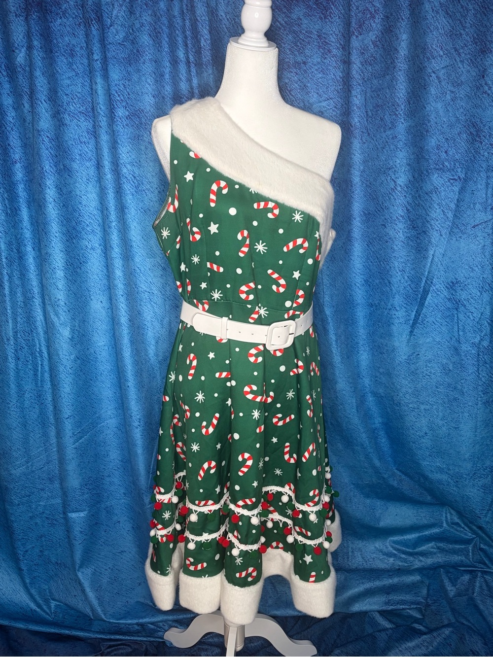 Green Candy Cane One-Shoulder Holiday Dress with Faux Fur Trim